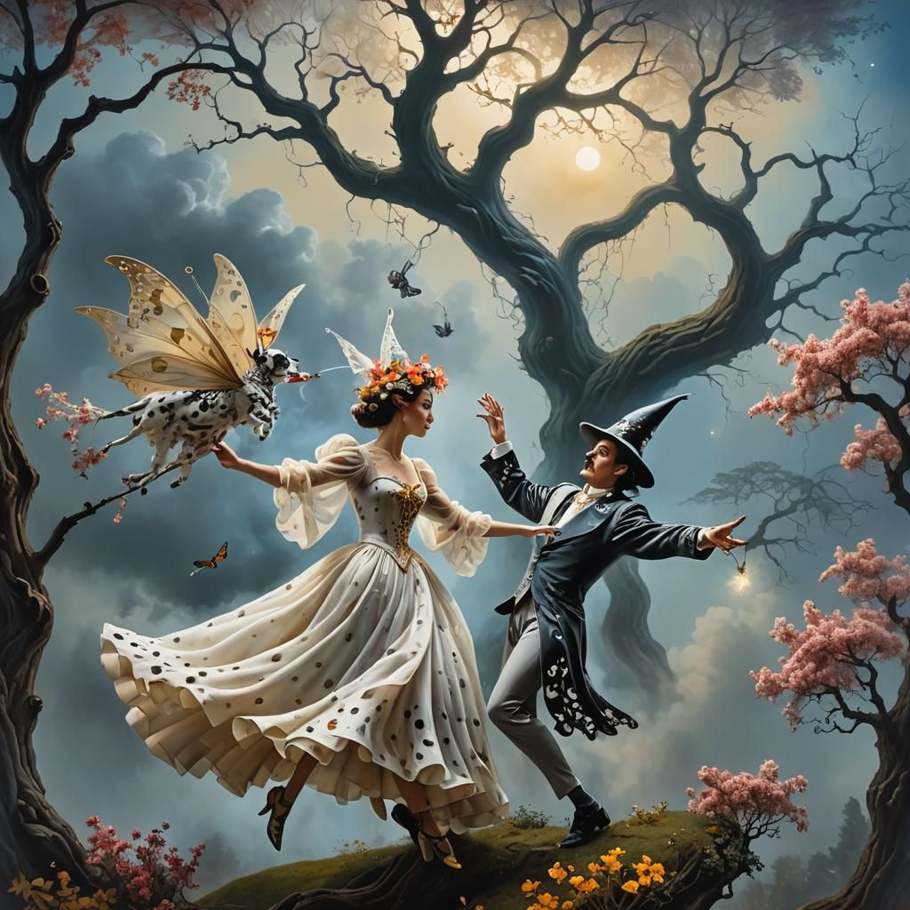 Surreal Tango Dance on a Misty Cloud, Oil Painting