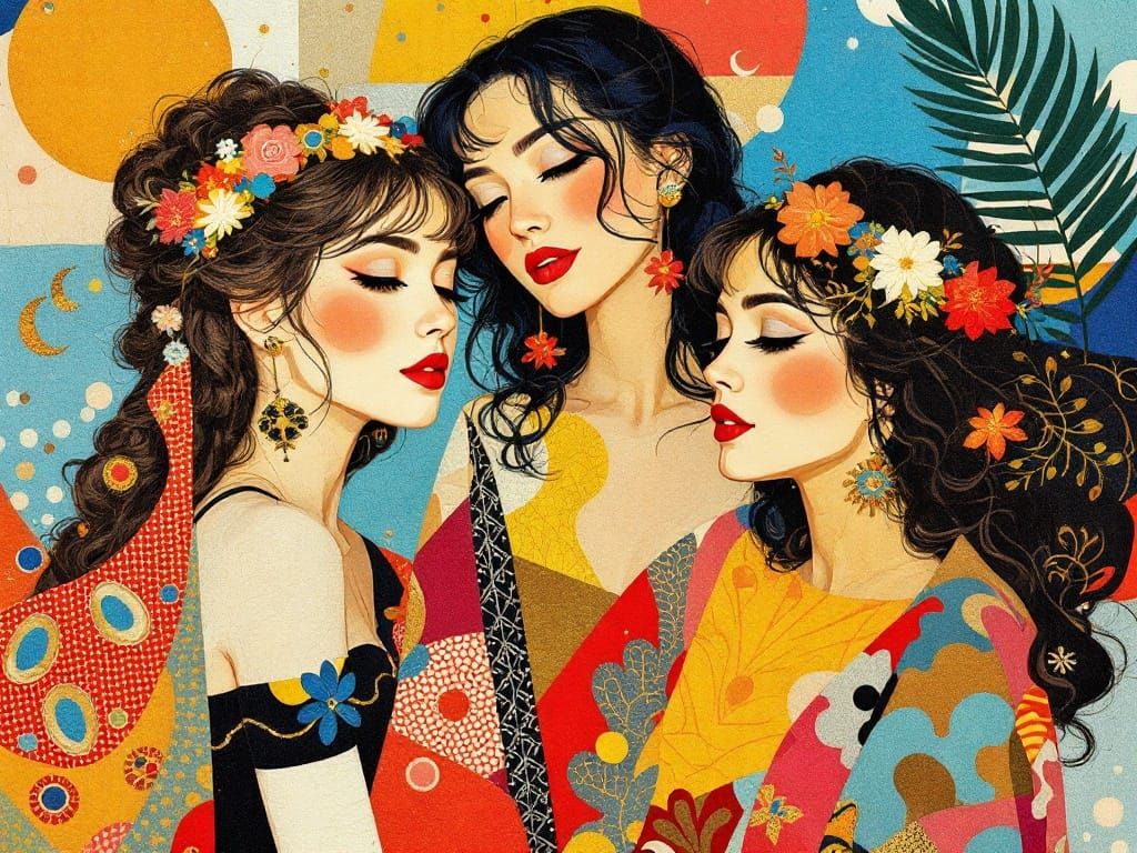 Vibrant Sisters of the Sun in Tapestry Style