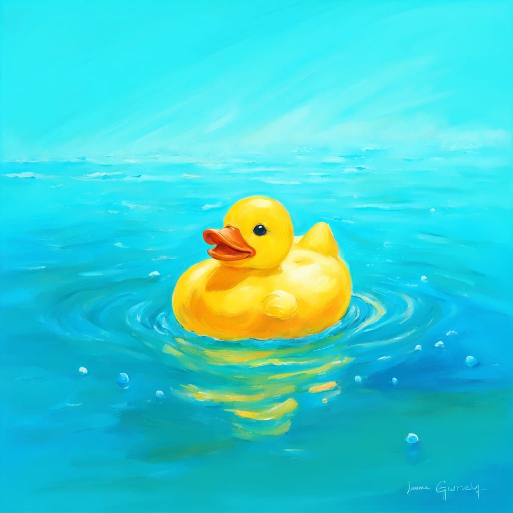 Rubber Ducky Floating in Ocean, Impressionist Oil Painting