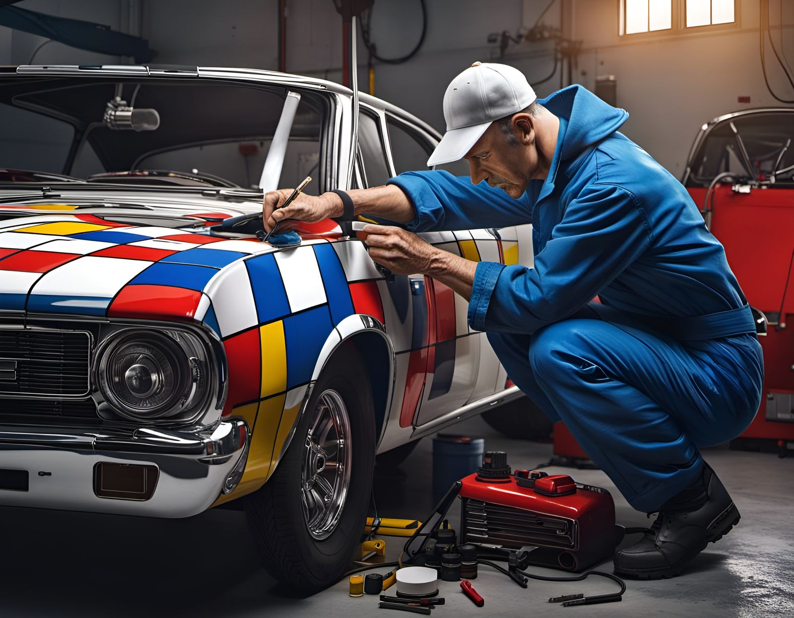 Mondrian as Mechanic Repairing Car: Hyperrealistic Portrait