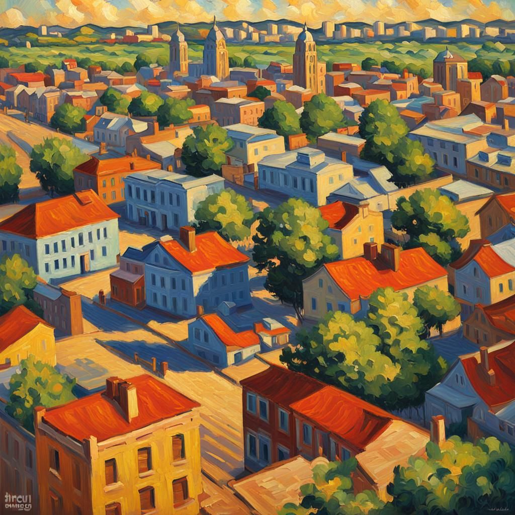 Topeka Kansas Cityscape in Neo-Impressionist Style