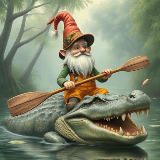 Creole Gnome Rides Alligator in Bayou Vista