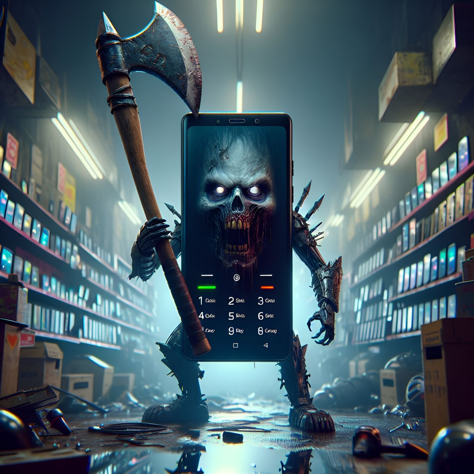 Mobile Phone Warrior in Dystopian Cityscape