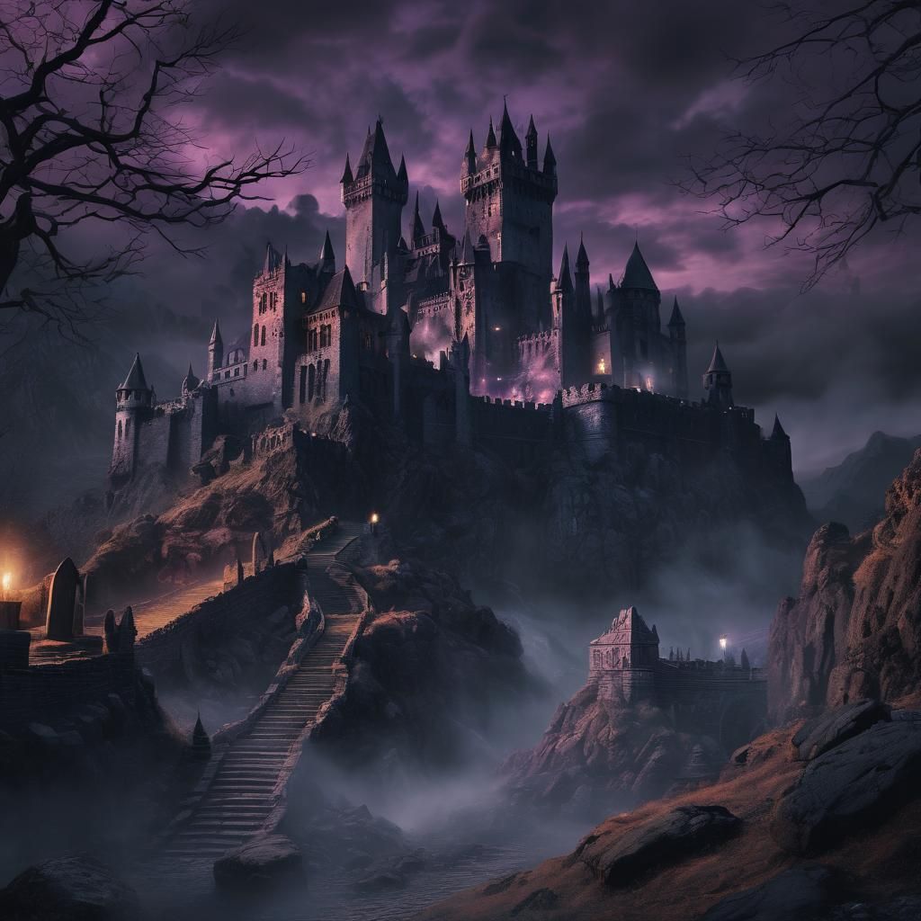 Dramatic Dracula Castle with Lava in Soft Pastel