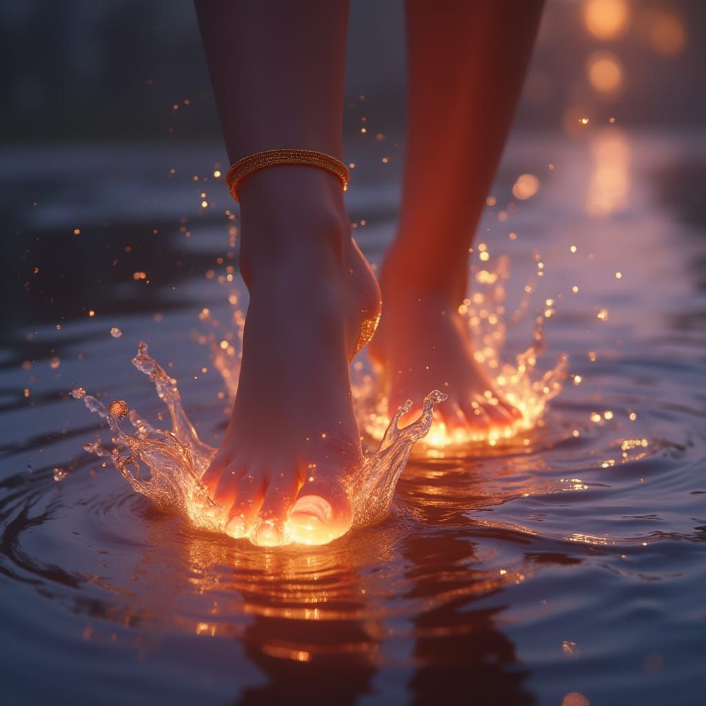 Golden Feet Dance on Sunset Puddle