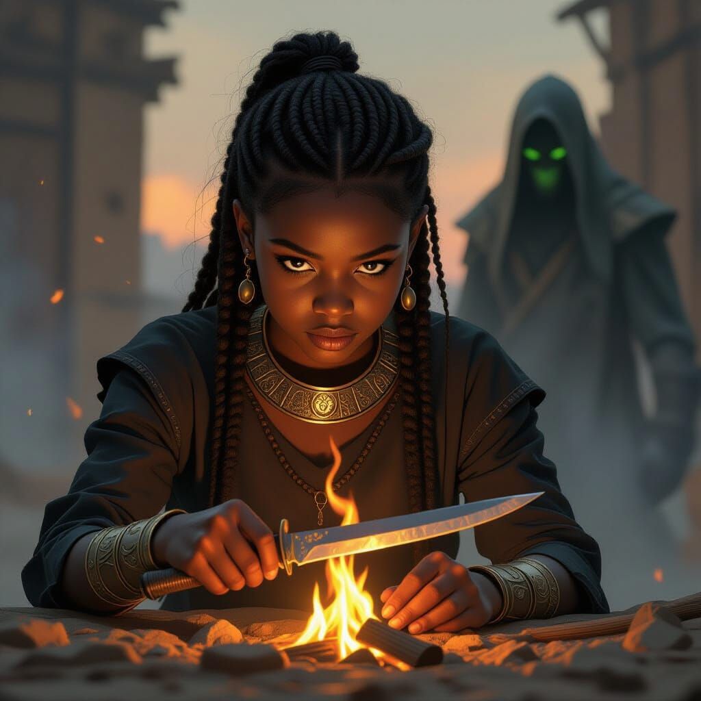 Focused African Girl Sharpens Blade by Firelight
