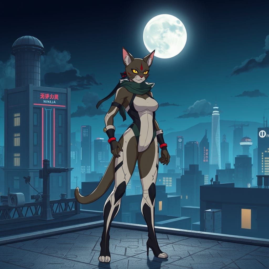 Anime-Inspired Female Cat Ninja Under Futuristic Japanese Mo...