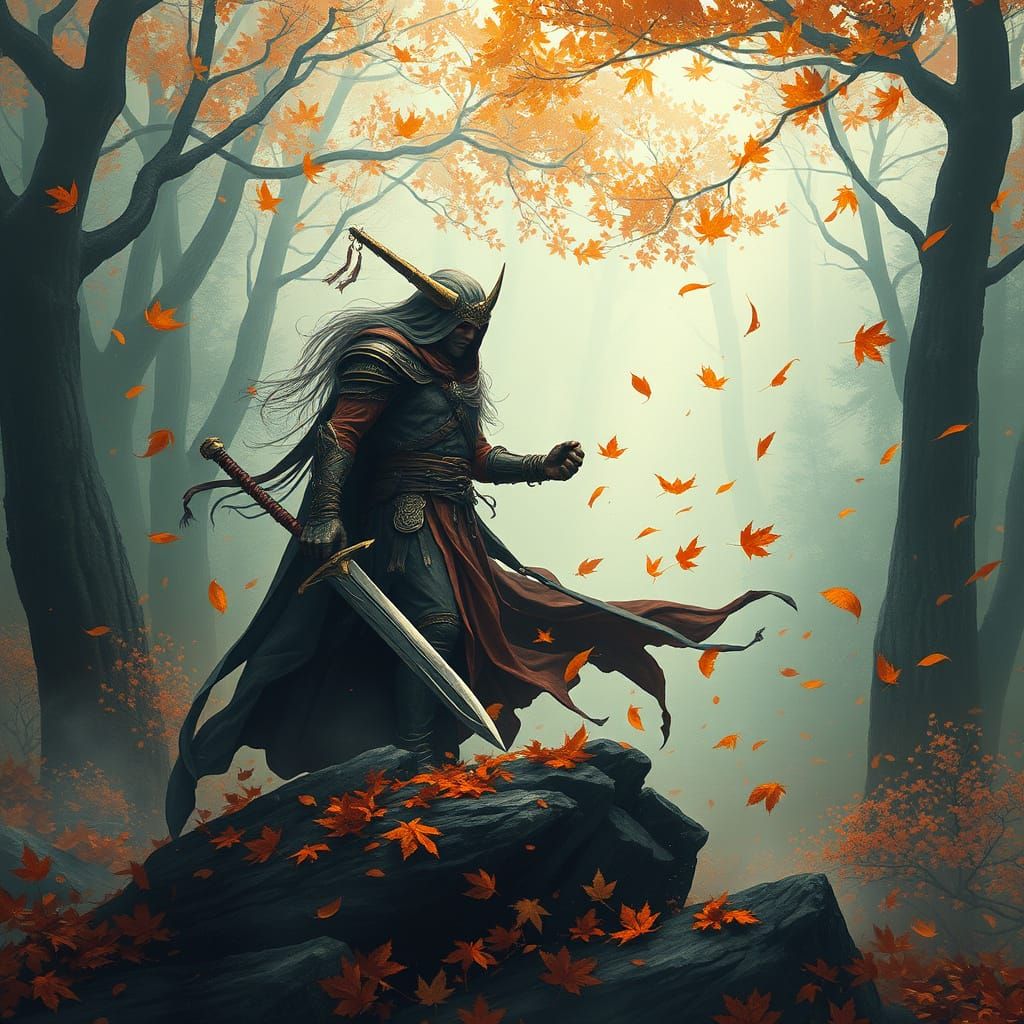 Mystical Warrior in Autumn Whirlwind, Inspired by Surrealism