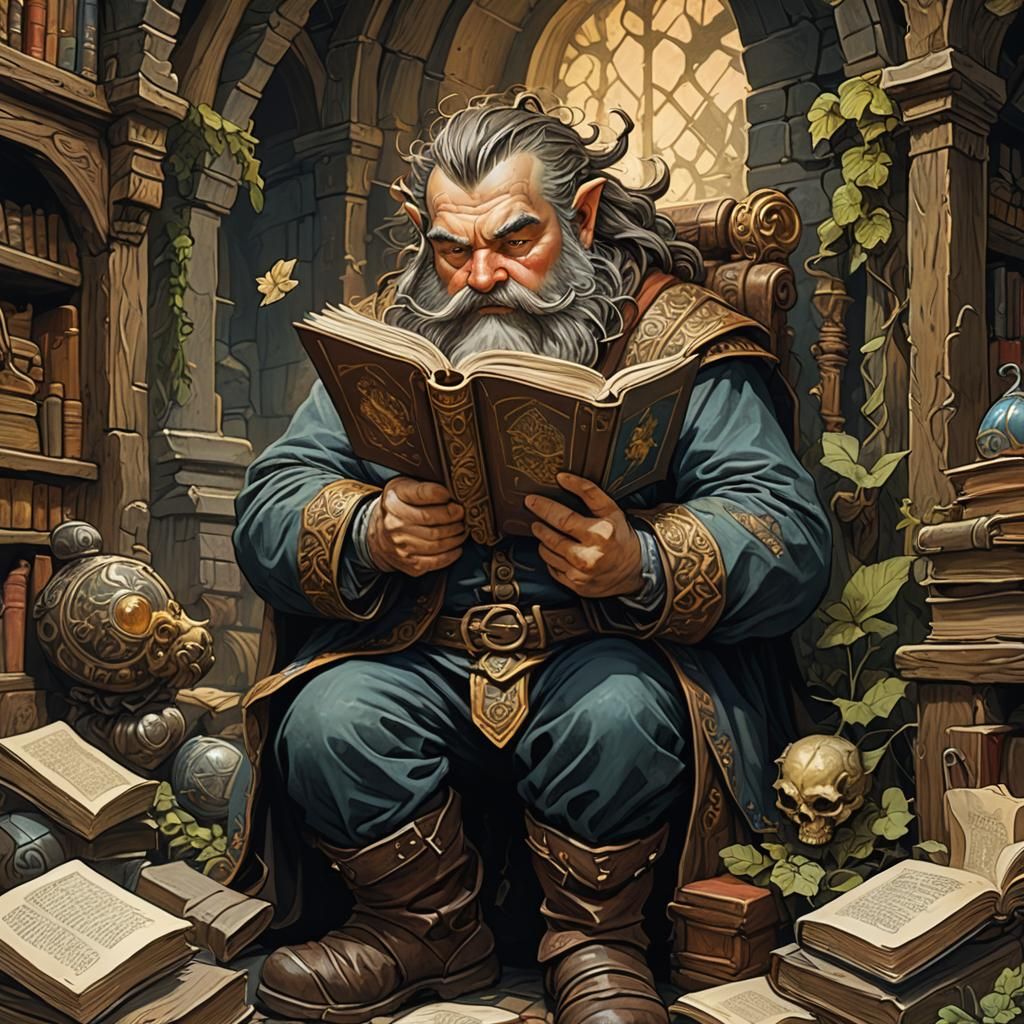 Dwarf Reading Book Illustration in Fantasy Style