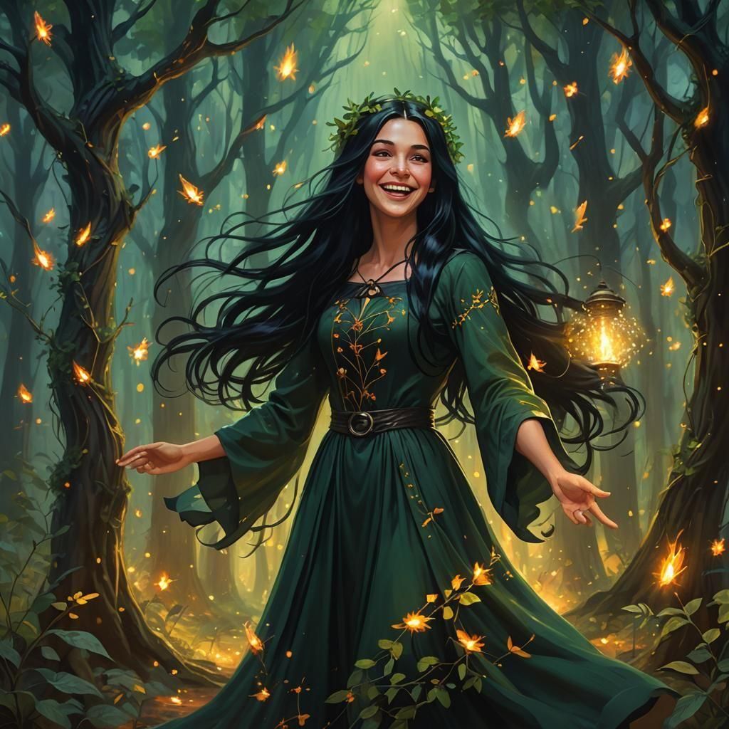 Smiling Witch Girl in Cozy Green Dress