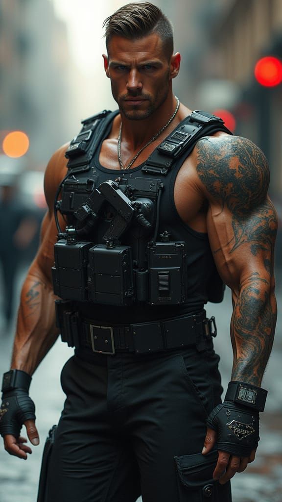 Cyberpunk Police Officer with Bulging Biceps