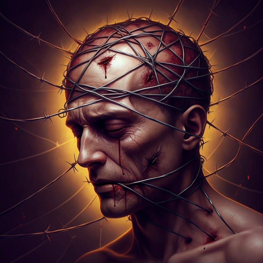Man's Head Wrapped in Razor Wire: Gothic Digital Art