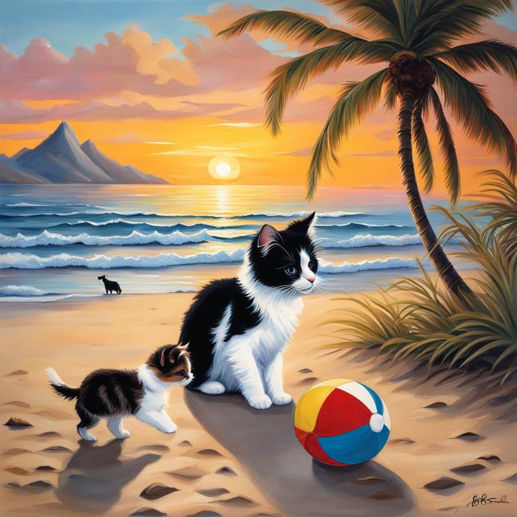 BOB ROSS PICTURE OF A TUXEDO CAT PLAYING IN THE SAND WITH A BABY YORKIE AT A BEACH WITH A PALM TREE, BEACH BALL AND SUNS...