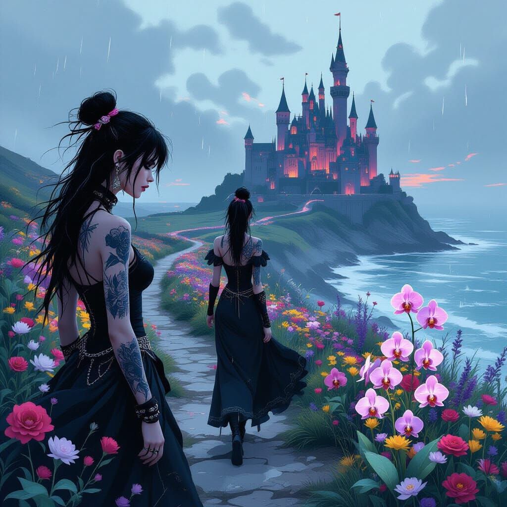 Goth Girl Line Drawing with Fantasy Castle