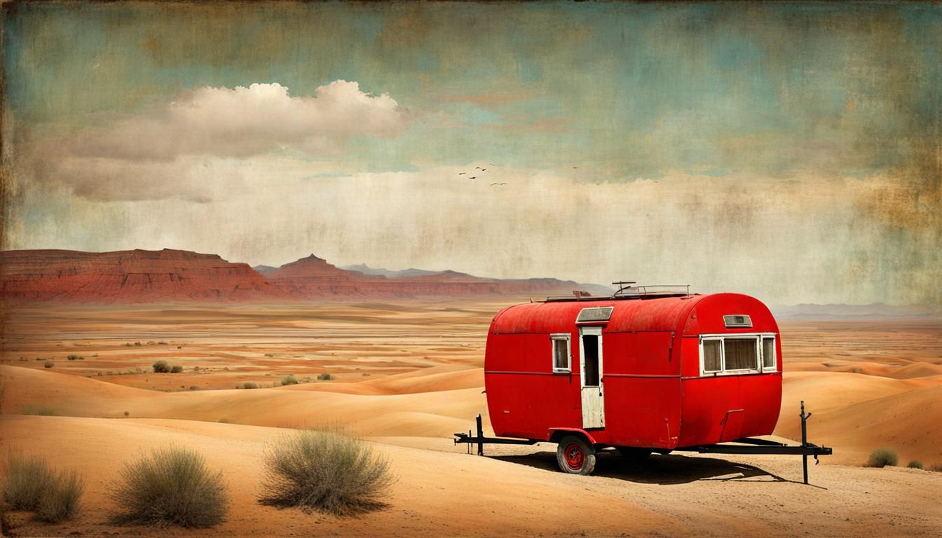 Red Caravan Drifting Through Desert Landscape