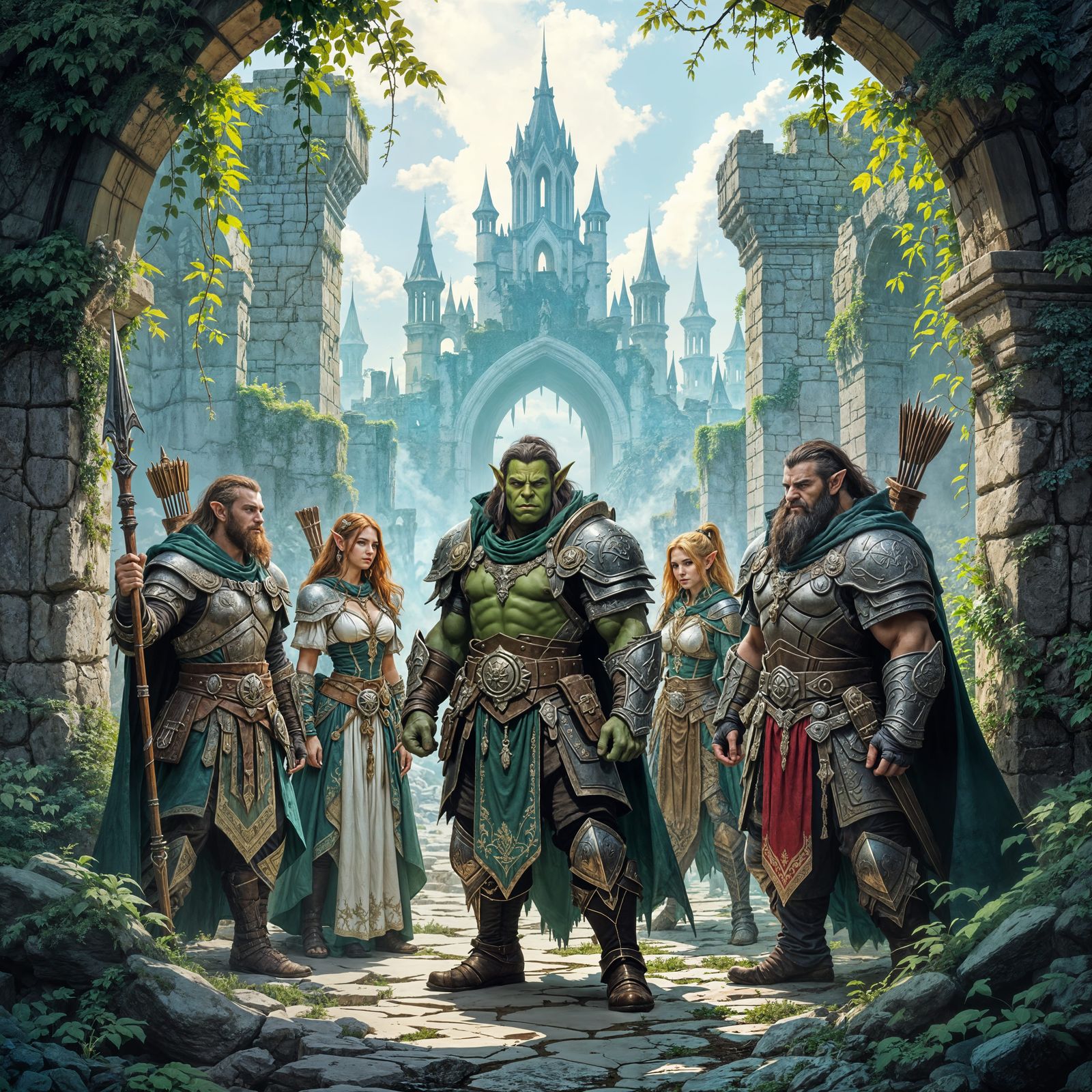 Fantasy Adventurers Explore Magical Ruin in Armor and Robes