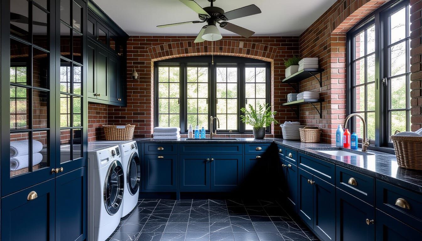 Victorian Laundry Room with Dark Blue and Brick Accents