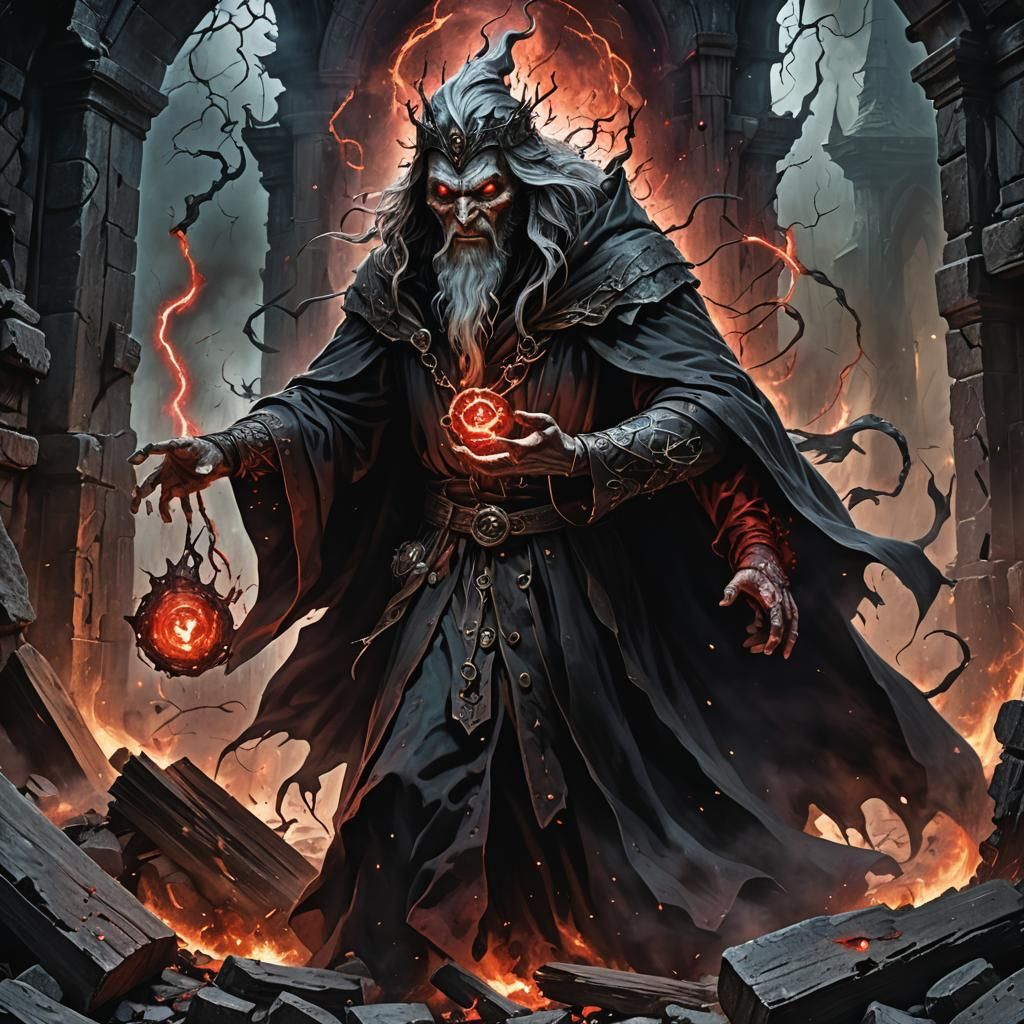Sinister Wizard Conjures Spell in Dark Fantasy Art