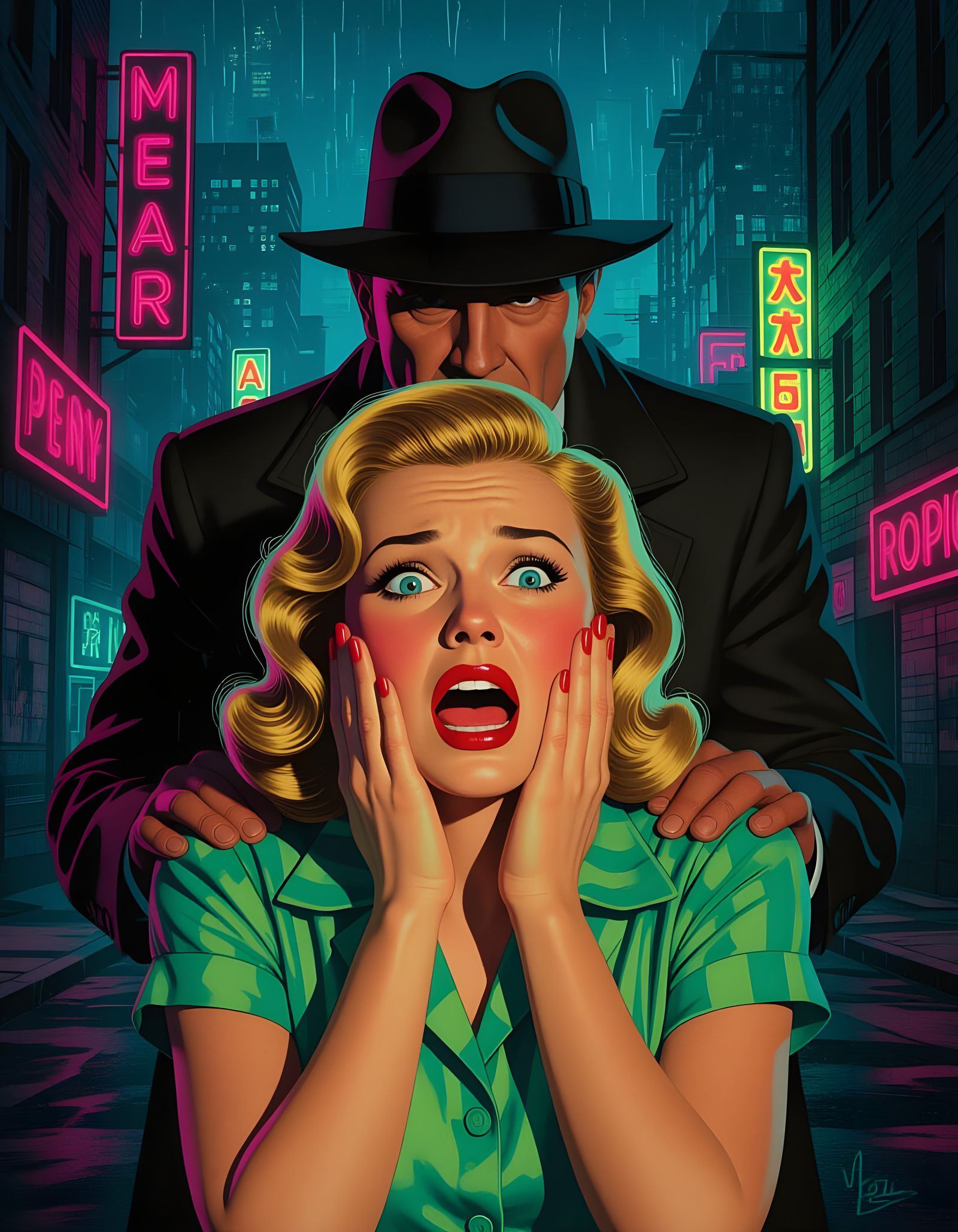 Dramatic Film Noir Portrait in Neon Hues