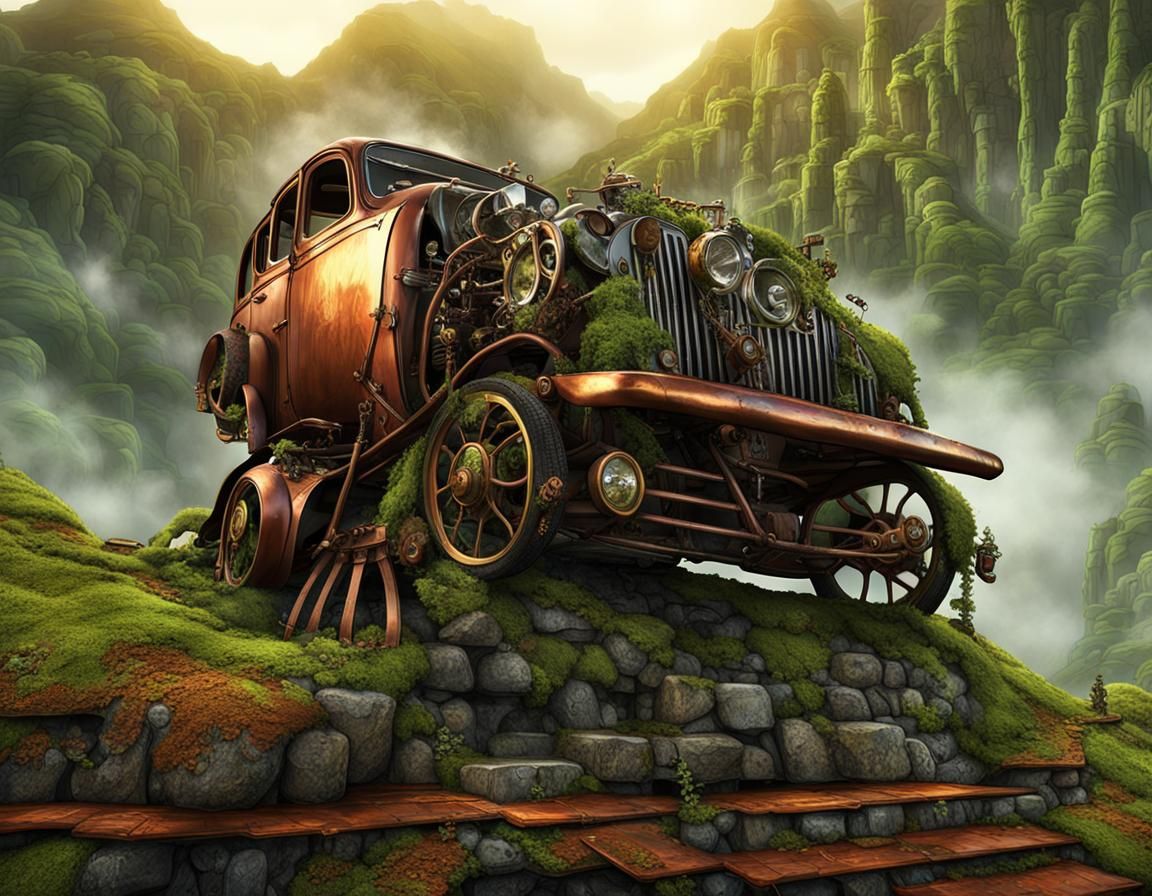 Steampunk Car Stranded on Mountain Road