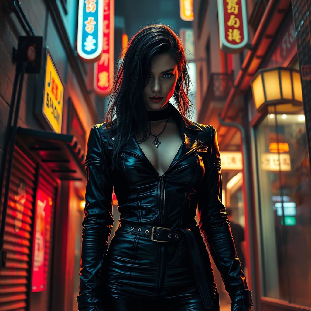 Neon Alleyway Woman in Dark Fantasy Style