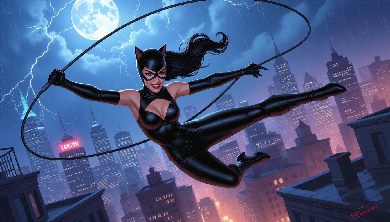Catwoman's Rooftop Leap in Gotham Night