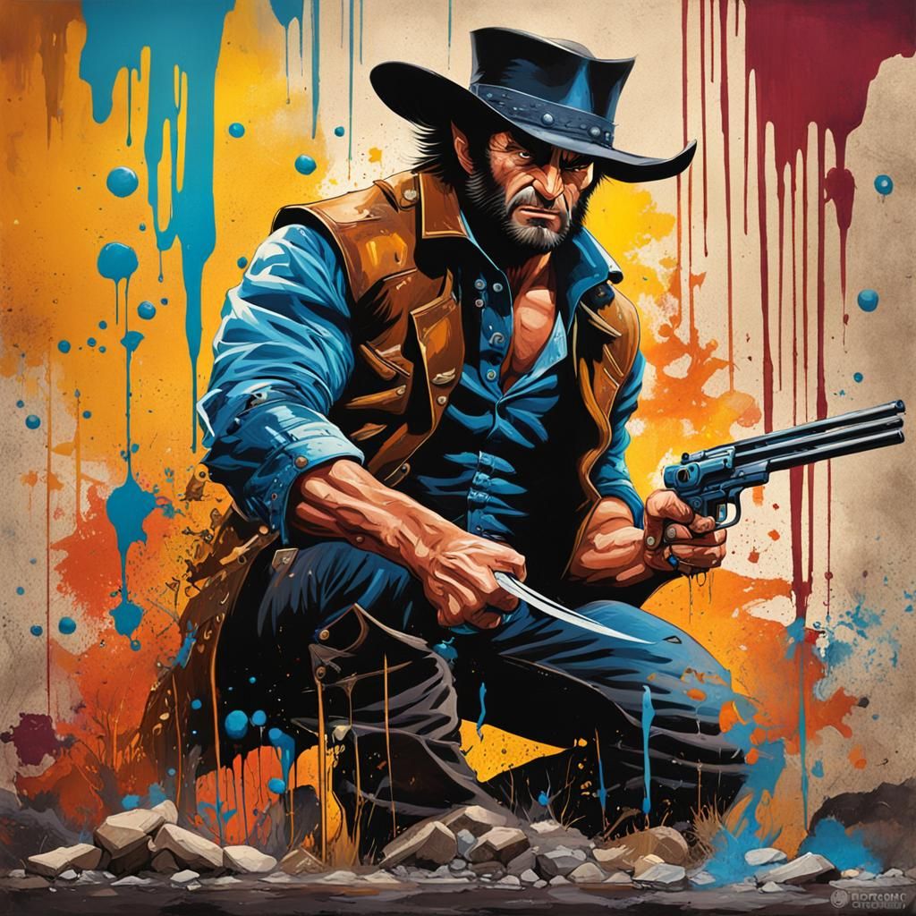Wolverine as Gunslinger in Wild West Graffiti Art