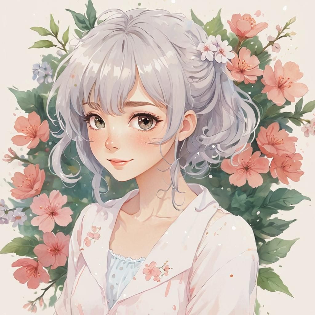 Anime Girl Portrait in a Pastel Watercolor Garden