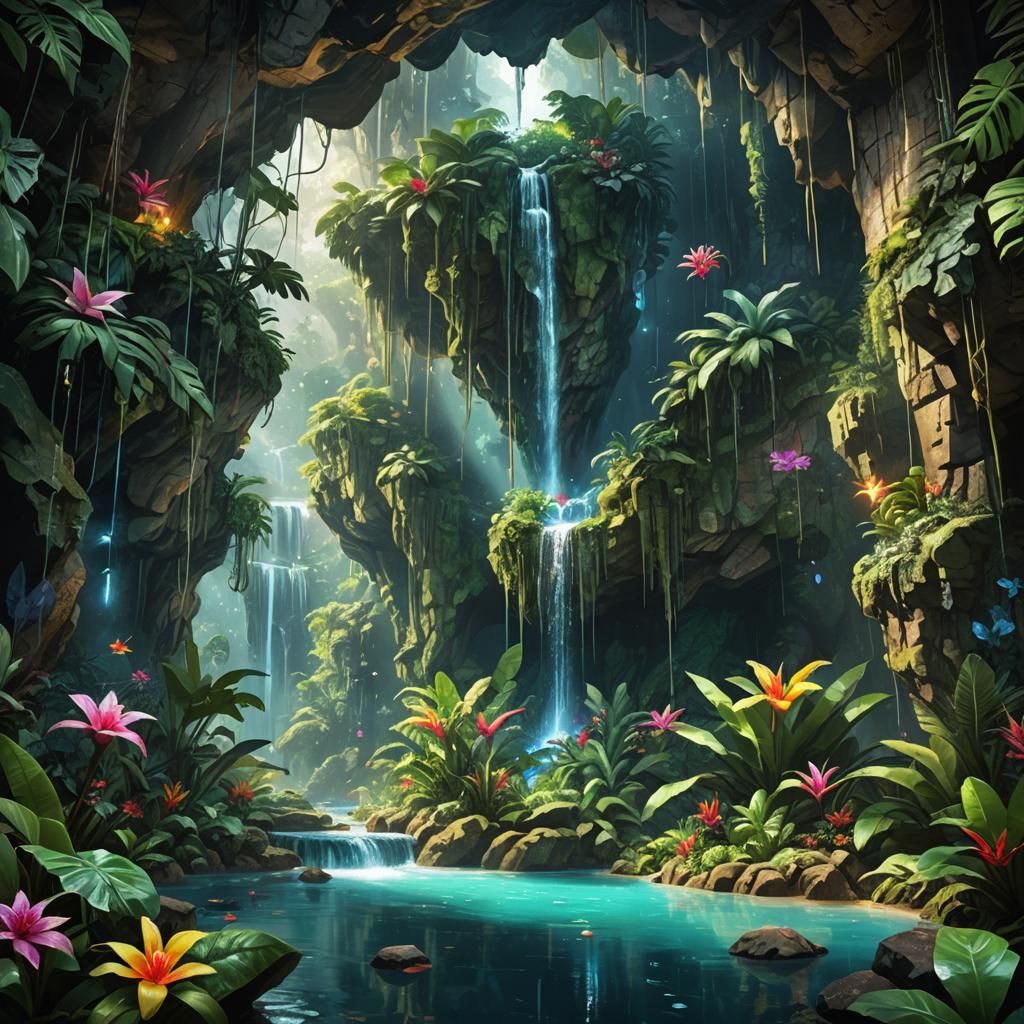 Lush Cave Rainforest with Crystals and Waterfall