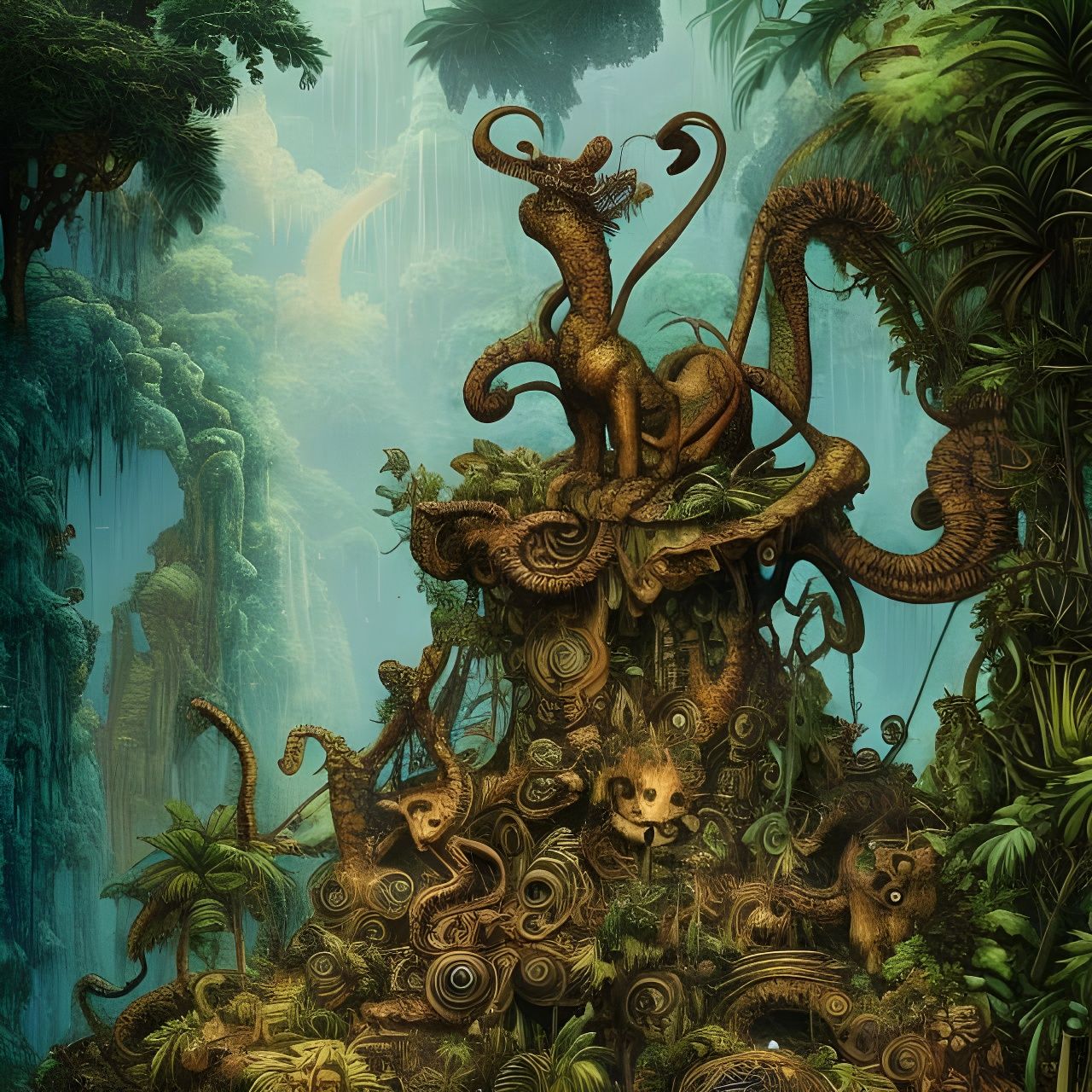 Ancient Jungle Statue: Watercolor Masterpiece