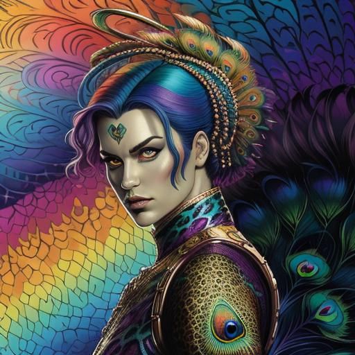 Woman with Rainbow Dragon Scales in Comic Art Style