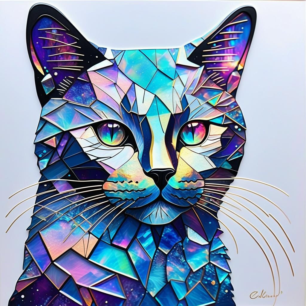 Gemstone-Filled Iridescent Galactic Cat in Abstract Art