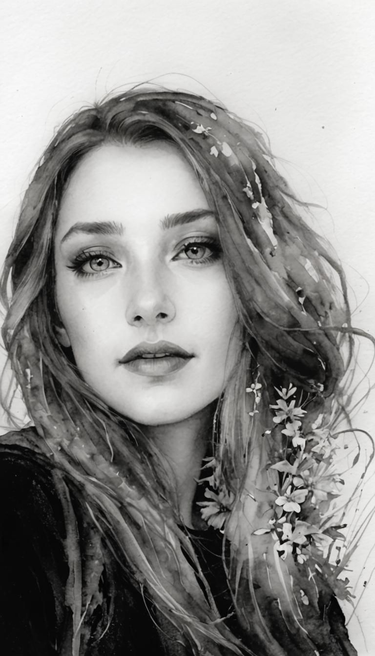 Romantic Elven Portrait with Vibrant Flowers in Black and Wh...