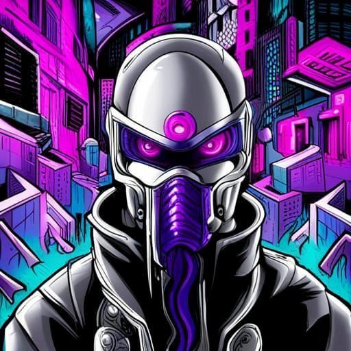 Purple Cyborg Assassin in Biomechanical Graffiti Style