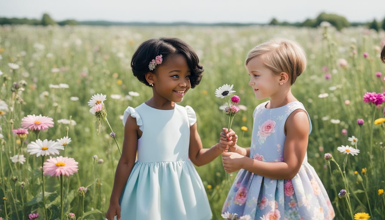 Two Young Girls Celebrate Birthday in Flower Field