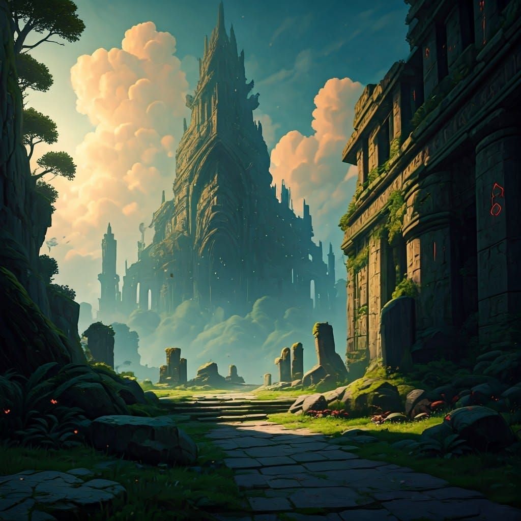 Fantasy Temple Scene in No Man's Sky Style