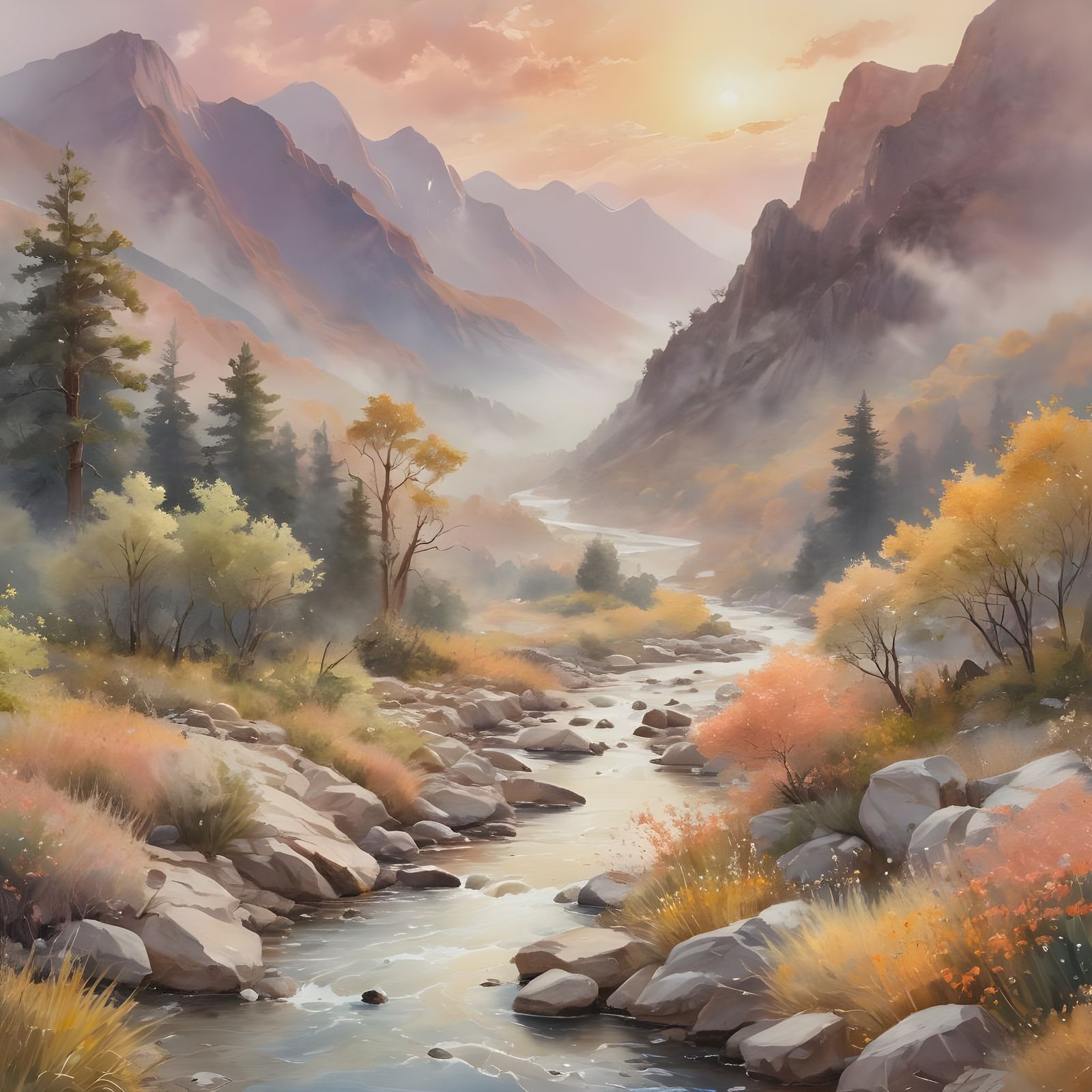 Etheric River Spirals to the Clouds: Watercolor Painting