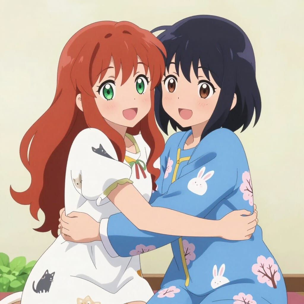 Cute Anime Women Hugging: Red Hair & Black Hair Friends