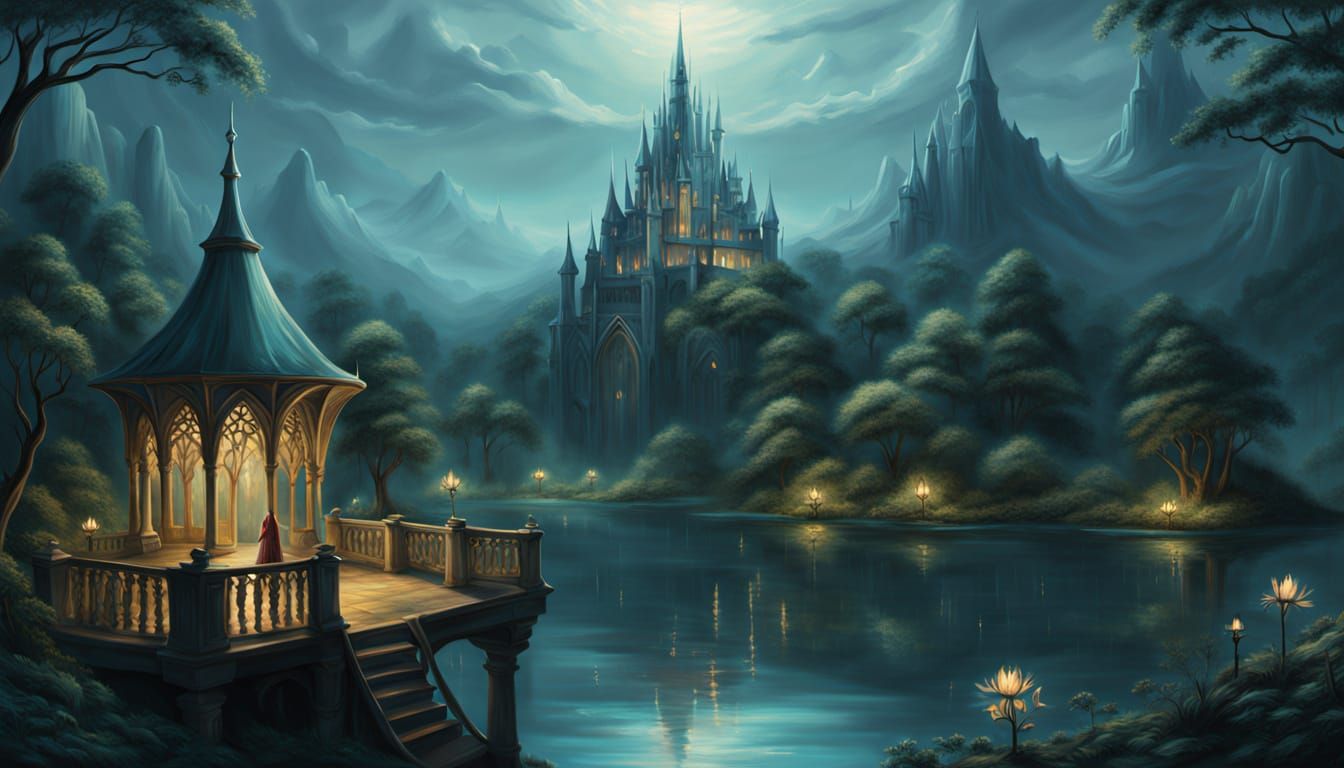 Elven Settlement by Bioluminescent Lake in Baroque Style