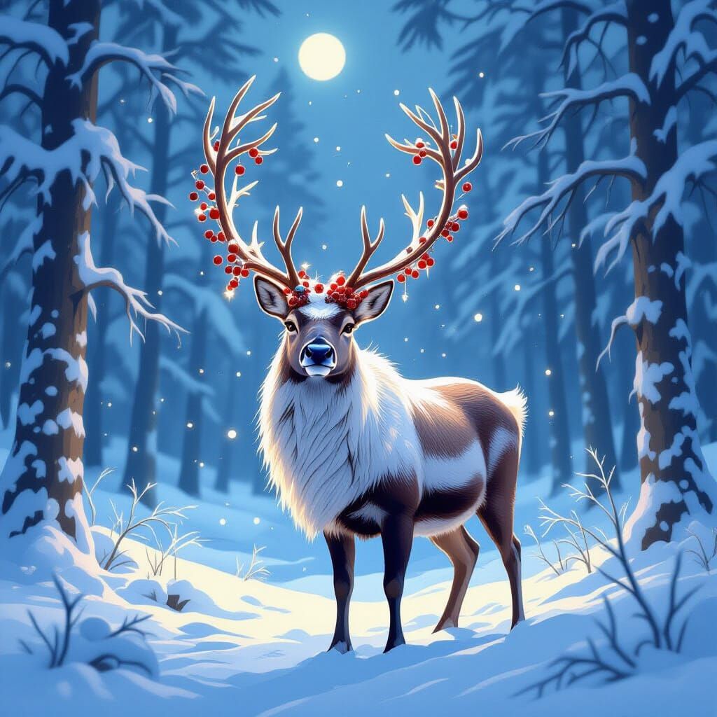 Reindeer Crowned with Winter Berries in Snowy Forest