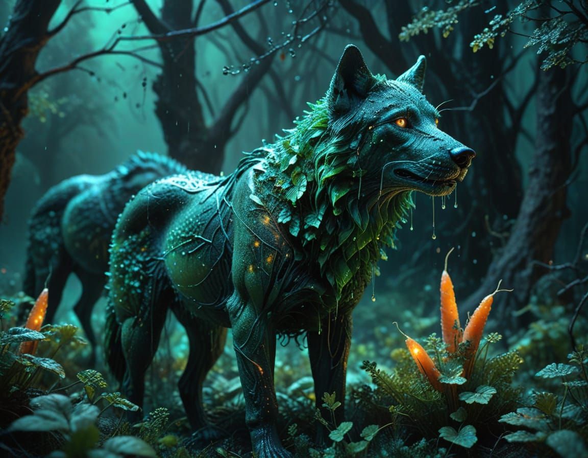 Emerald Green Wolf Hunts Carrots in a Dreamlike Organic Land...
