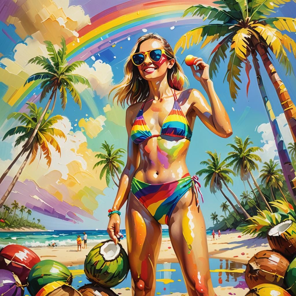 Woman on Tropical Beach with Rainbow, Impressionist Oil