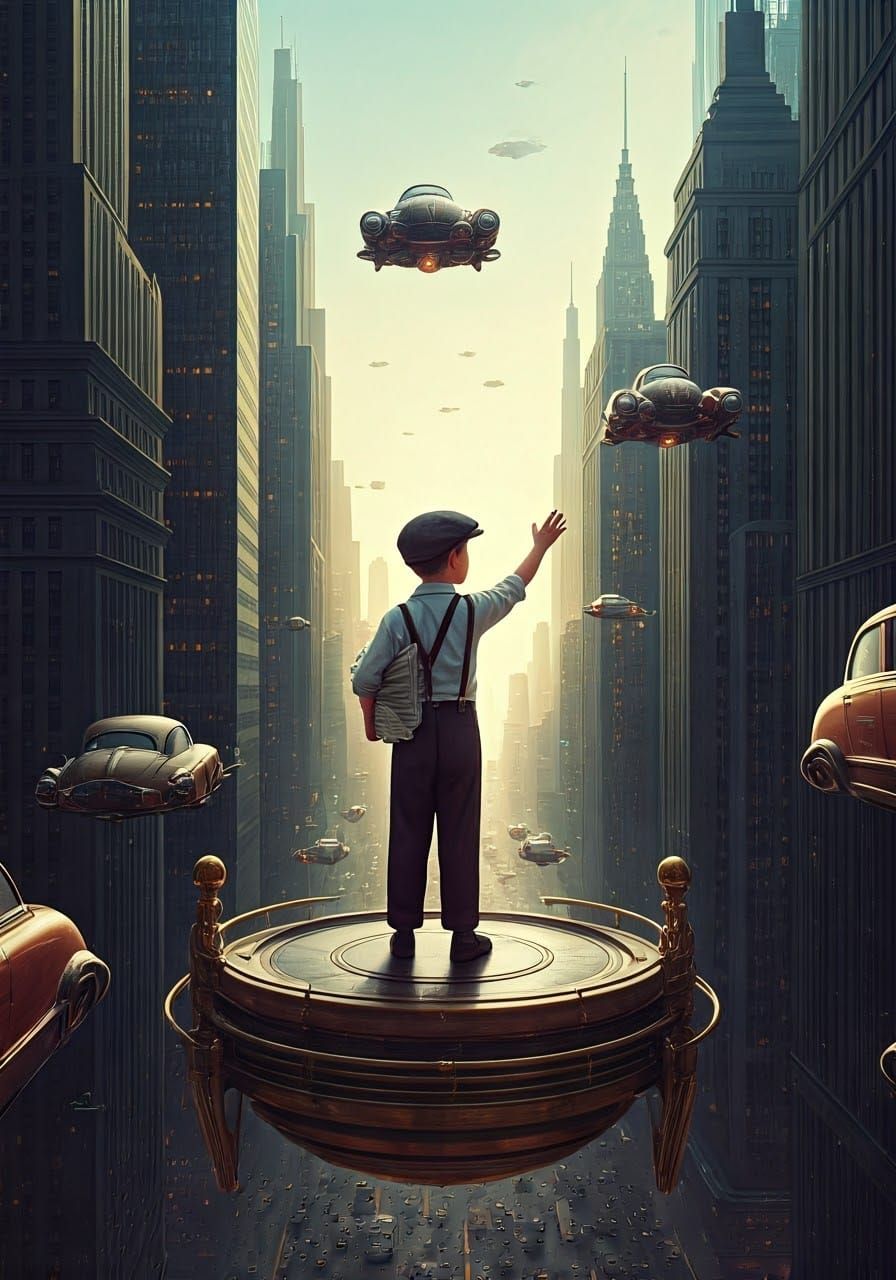 Young Newsboy in Retrofuturistic Metropolis