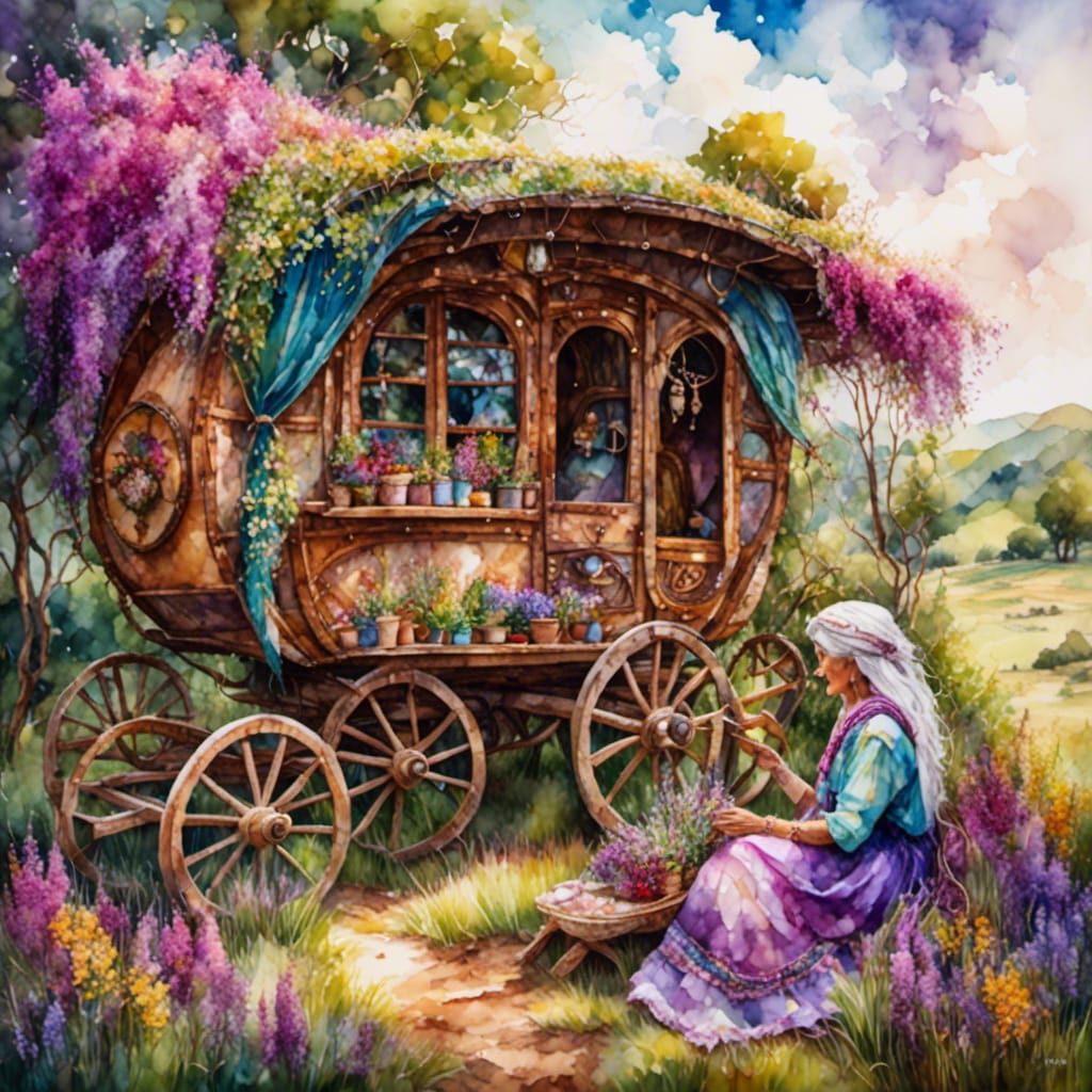 Gypsy Lady Making Bouquets in Rustic Mosaic Style