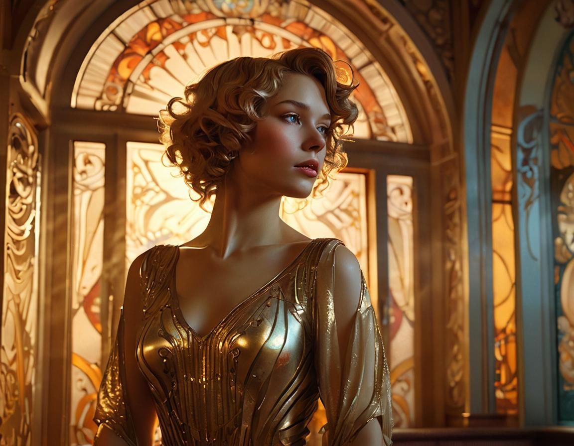 Art Deco Woman in Golden Light, Mucha-Inspired