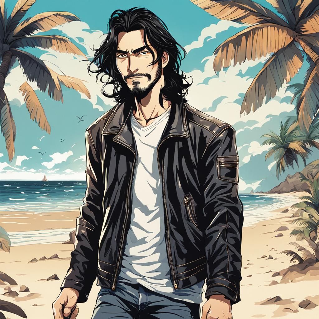 Handsome Man on Tropical Beach in Anime Style