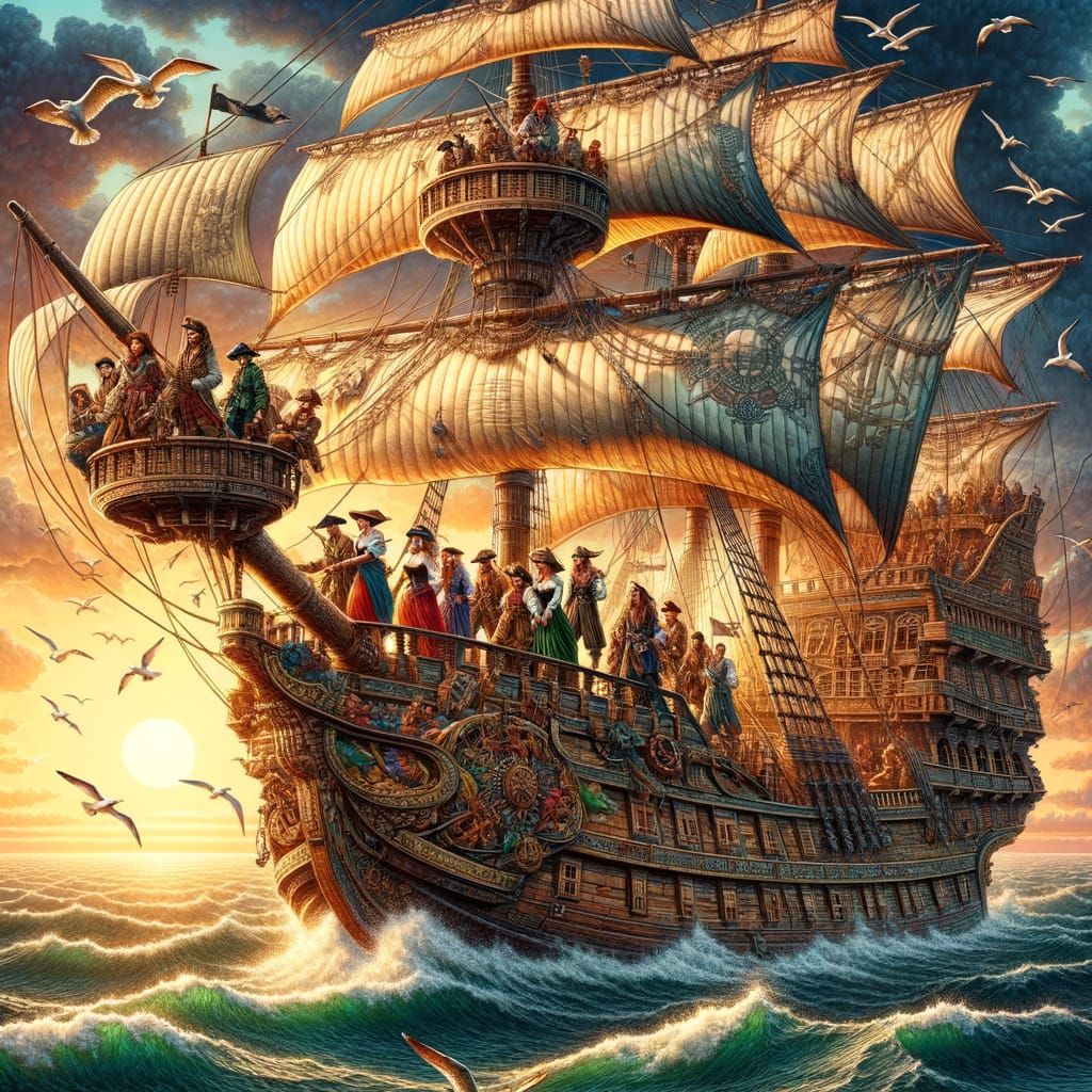 Vibrant Pirate Ship Sails at Sunset in a Diverse Crew Scene