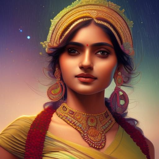 Indian Woman in Saree with Galaxy Background