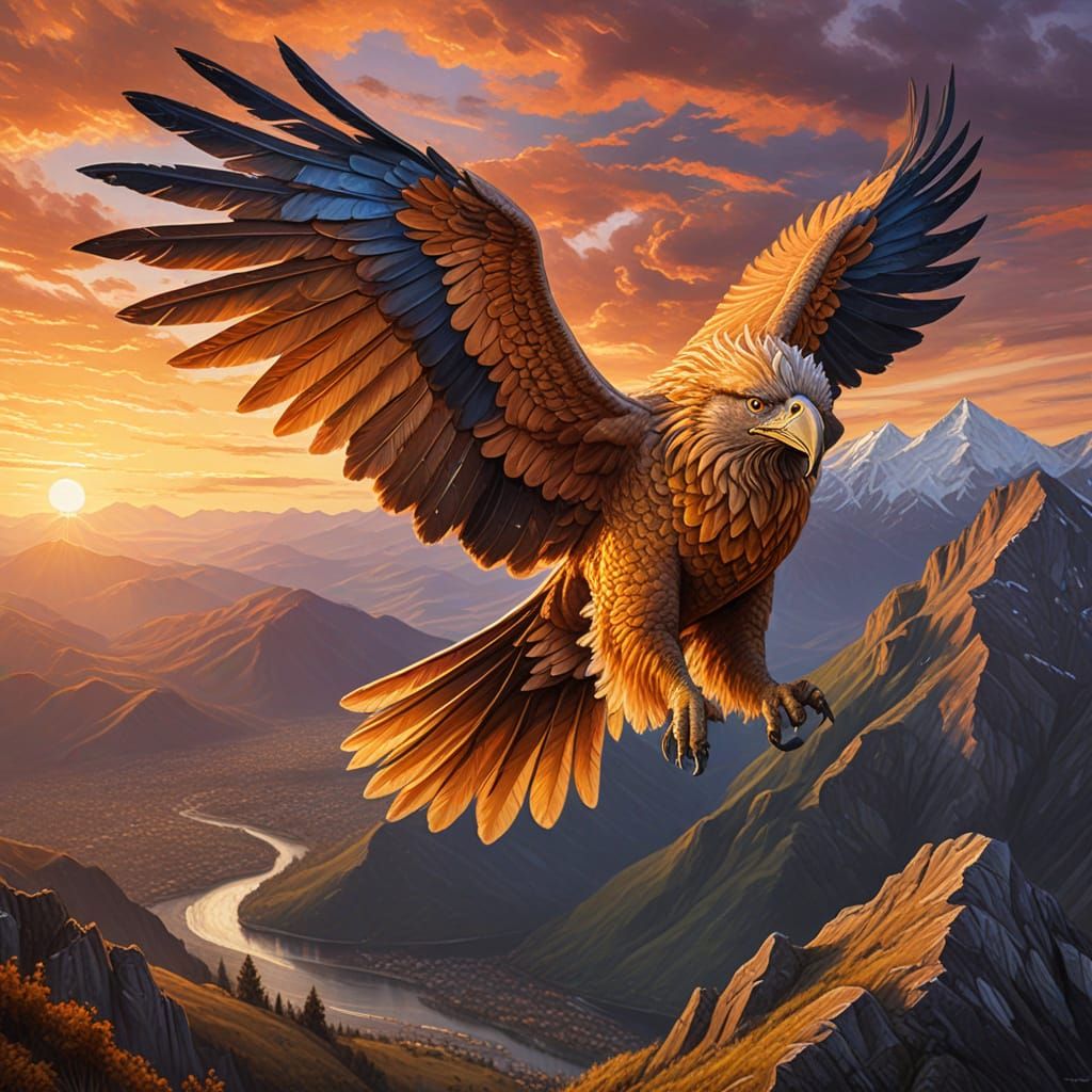 A majestic griffin soars above a mountain range at sunset. Neo-impressionism expressionist style oil painting, smooth po...