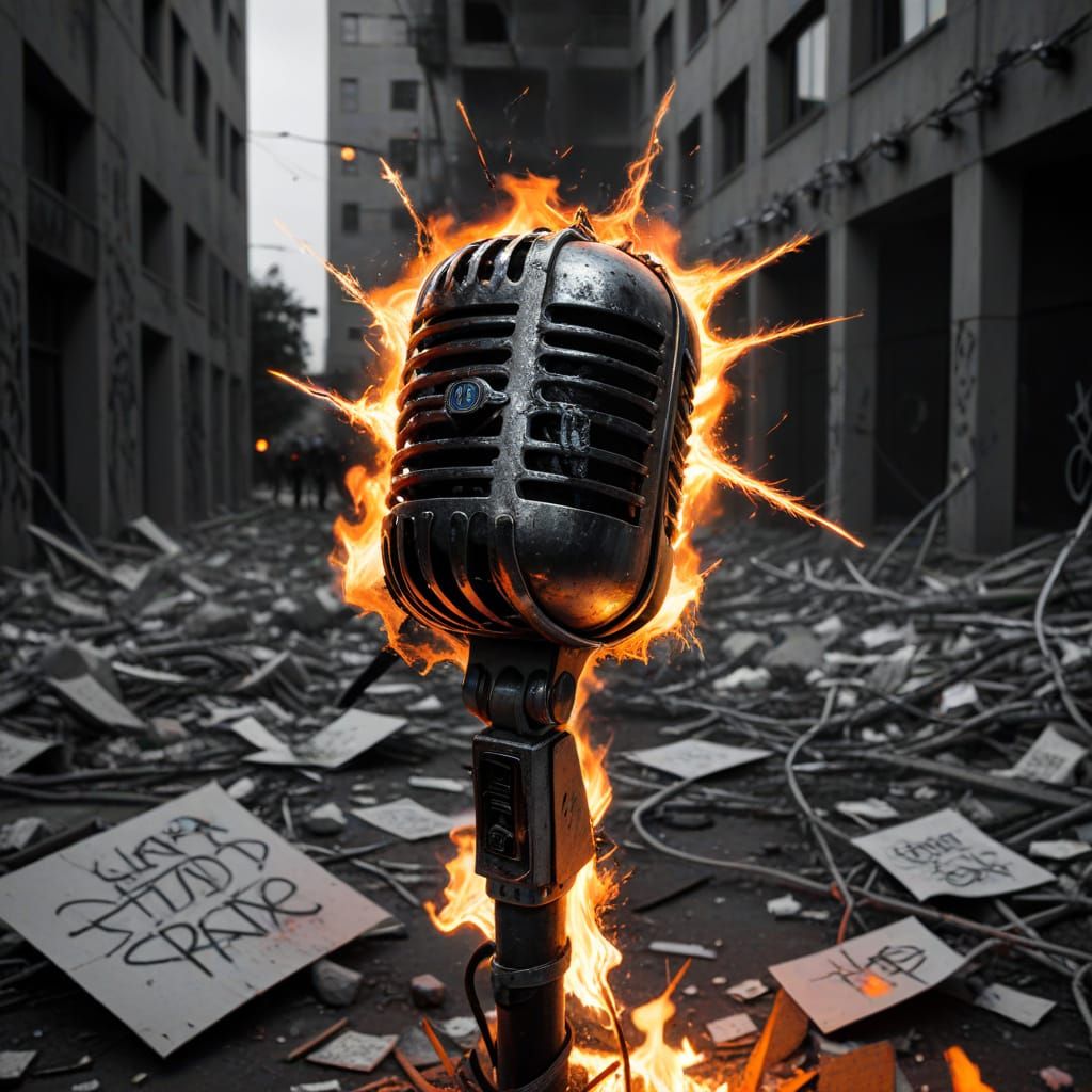 Burning Microphone Graffiti Art in Protest Style